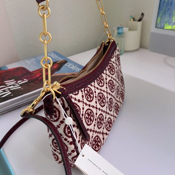tory burch monogram chenille studio shoulder crossbody bag 86553 claret - Picture 3 of 6